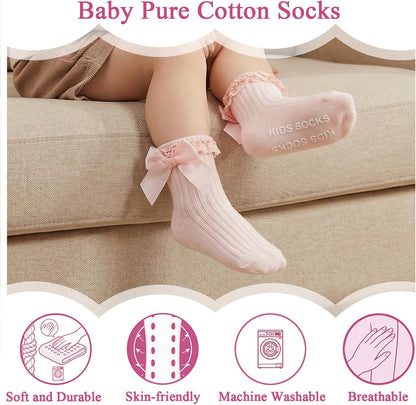 6 Pairs Baby Girl Ruffle Socks with Bow Non Slip Grippy Cotton Frilly Crew Fancy Dress Socks Newborn Infant Toddler
