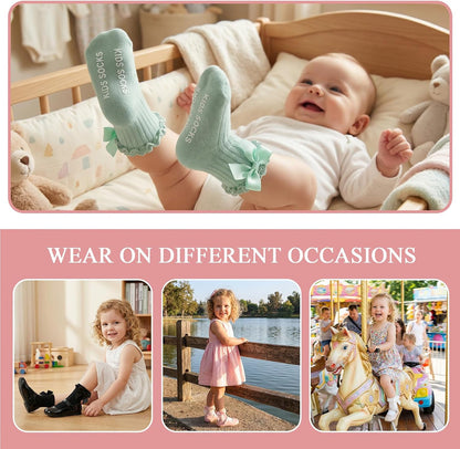 6 Pairs Baby Girl Ruffle Socks with Bow Non Slip Grippy Cotton Frilly Crew Fancy Dress Socks Newborn Infant Toddler