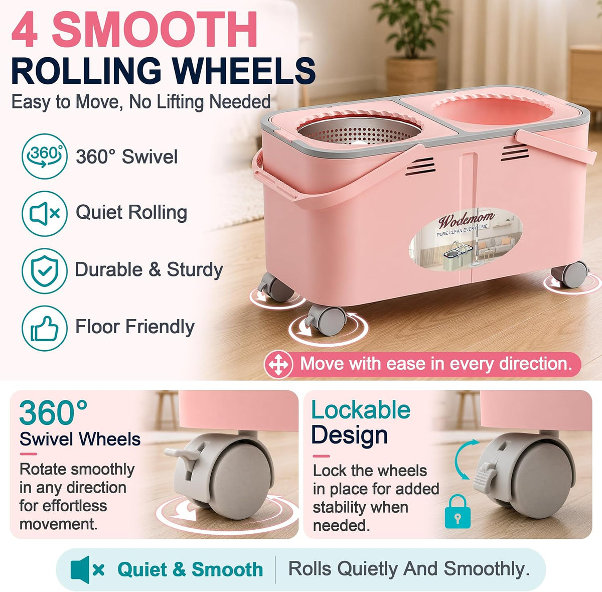 Easy-Rinse Spin Mop Bucket Gen 2, Clean/Dirty Water Separation,Pink