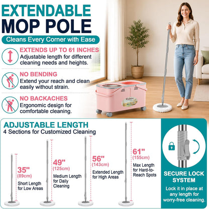 Easy-Rinse Spin Mop Bucket Gen 2, Clean/Dirty Water Separation,Pink