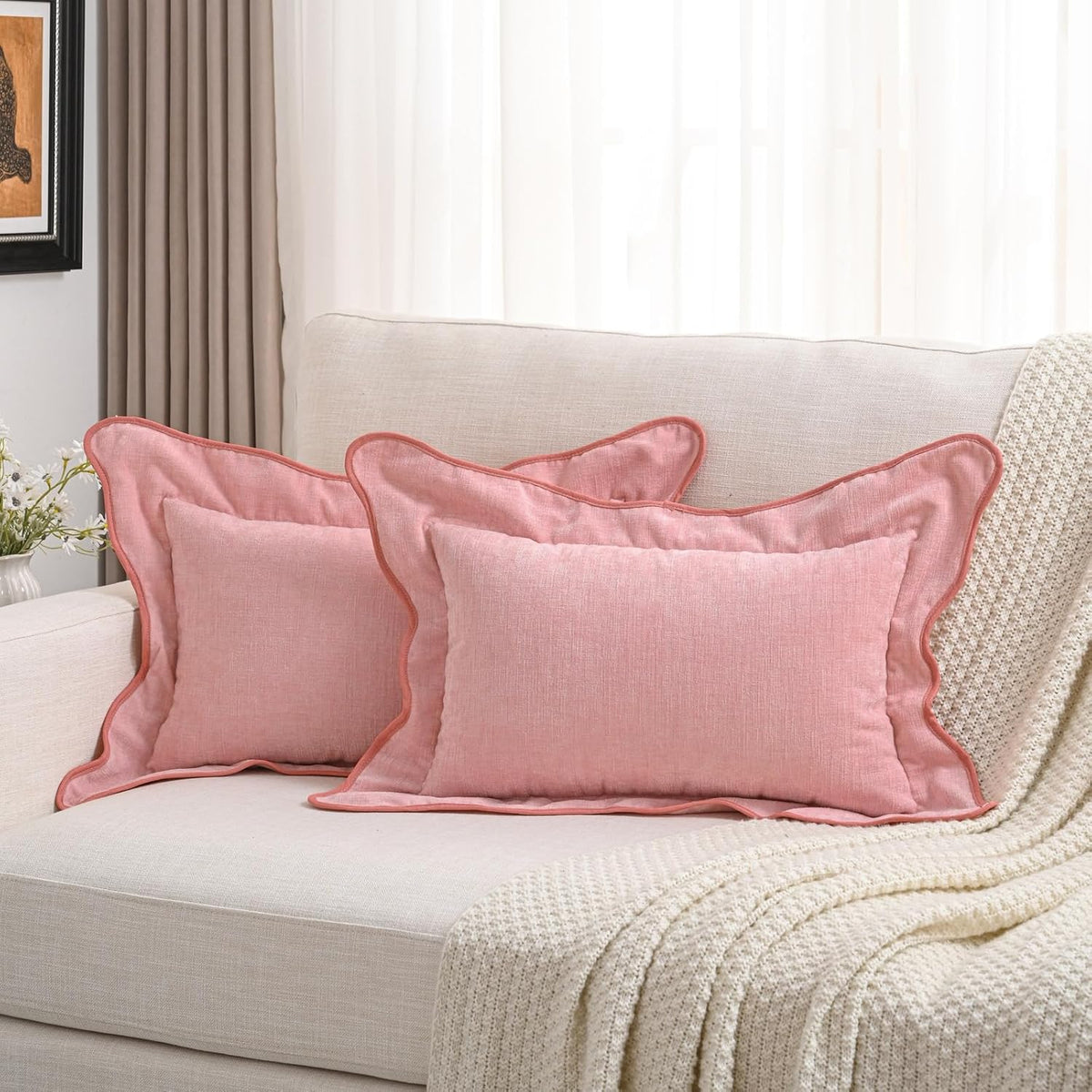 Pack of 2 Chenille Throw Pillow Covers 12x20 Inch, Pink