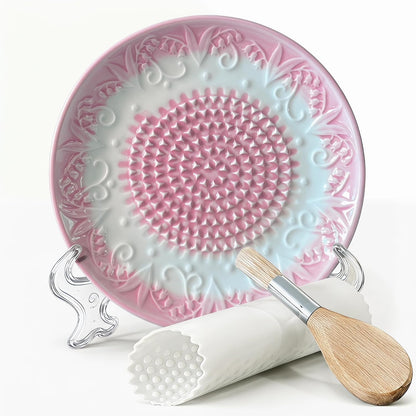 Handcrafted Ceramic Garlic Grater Plate 4-Pc Set, 5.12" Handmade Porcelain Grinding Dish with Wooden Boar Bristle Brush & Textured Silicone Peeler, Blush Pink Embossed Lily