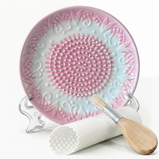 Handcrafted Ceramic Garlic Grater Plate 4-Pc Set, 5.12" Handmade Porcelain Grinding Dish with Wooden Boar Bristle Brush & Textured Silicone Peeler, Blush Pink Embossed Lily