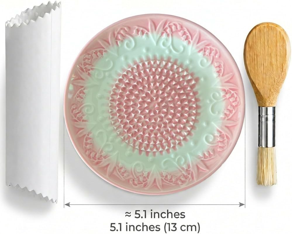 Handcrafted Ceramic Garlic Grater Plate 4-Pc Set, 5.12" Handmade Porcelain Grinding Dish with Wooden Boar Bristle Brush & Textured Silicone Peeler, Blush Pink Embossed Lily