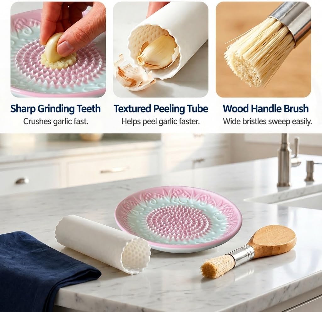 Handcrafted Ceramic Garlic Grater Plate 4-Pc Set, 5.12" Handmade Porcelain Grinding Dish with Wooden Boar Bristle Brush & Textured Silicone Peeler, Blush Pink Embossed Lily