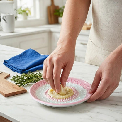 Handcrafted Ceramic Garlic Grater Plate 4-Pc Set, 5.12" Handmade Porcelain Grinding Dish with Wooden Boar Bristle Brush & Textured Silicone Peeler, Blush Pink Embossed Lily