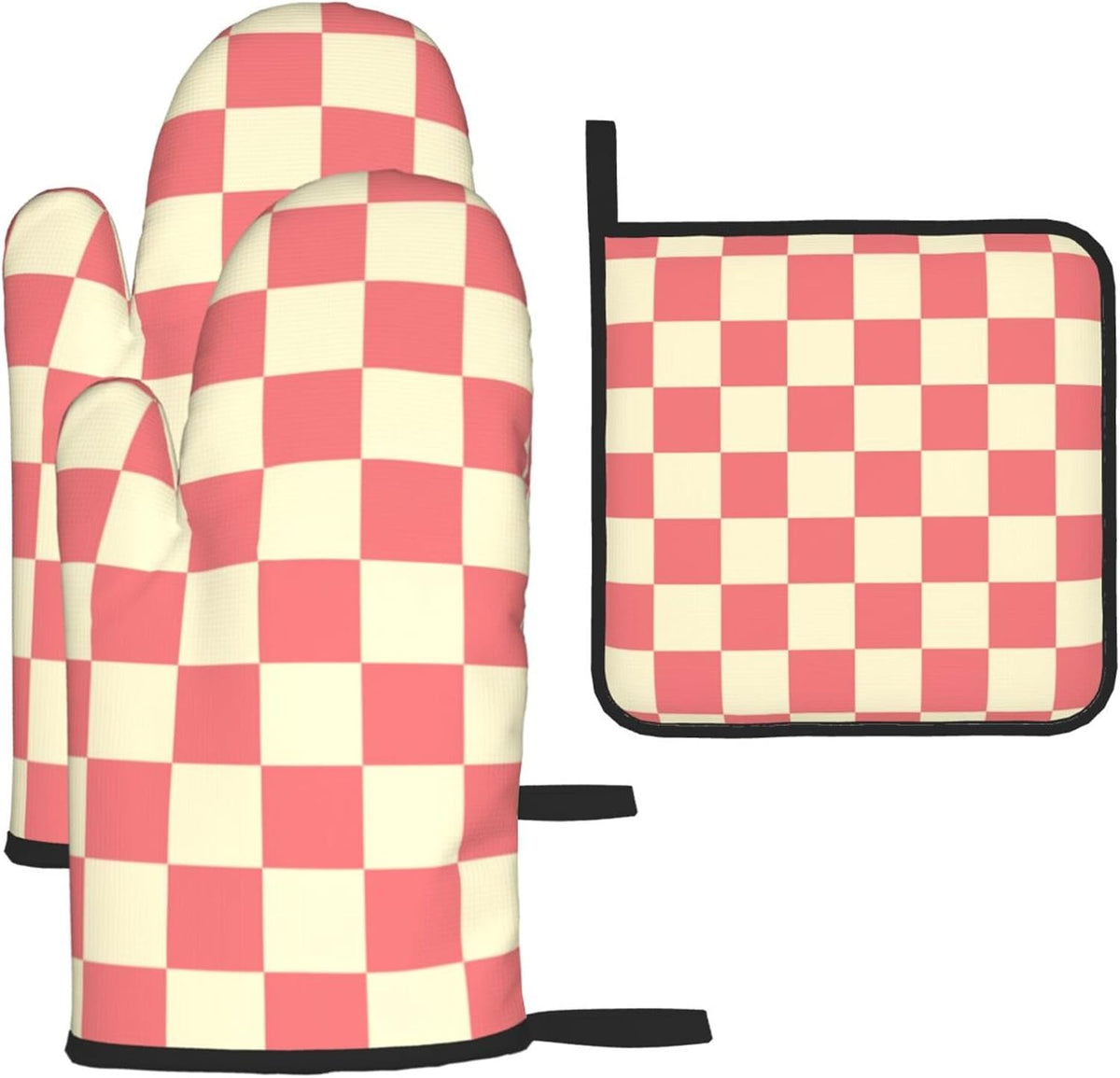 3PCS Oven Mitts and Pot Holders Sets, Pink and Beige Checkered Oven Mitts Set Heat Resistant Kitchen Microwave Gloves Safe for Baking,Cooking, BBQ