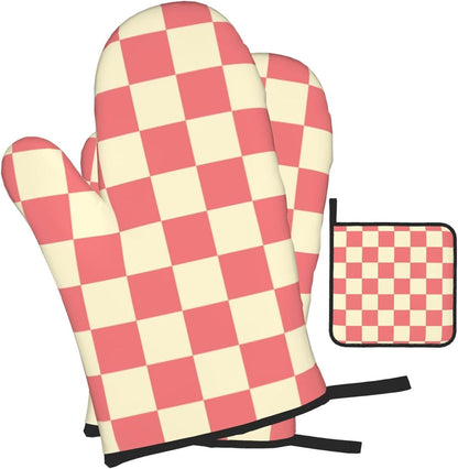 3PCS Oven Mitts and Pot Holders Sets, Pink and Beige Checkered Oven Mitts Set Heat Resistant Kitchen Microwave Gloves Safe for Baking,Cooking, BBQ