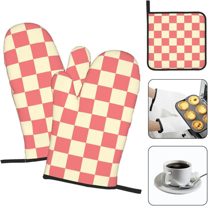 3PCS Oven Mitts and Pot Holders Sets, Pink and Beige Checkered Oven Mitts Set Heat Resistant Kitchen Microwave Gloves Safe for Baking,Cooking, BBQ