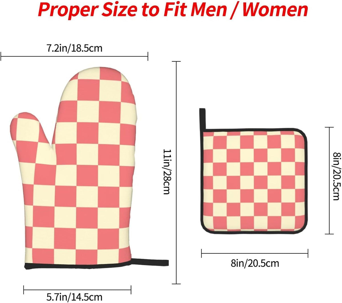 3PCS Oven Mitts and Pot Holders Sets, Pink and Beige Checkered Oven Mitts Set Heat Resistant Kitchen Microwave Gloves Safe for Baking,Cooking, BBQ