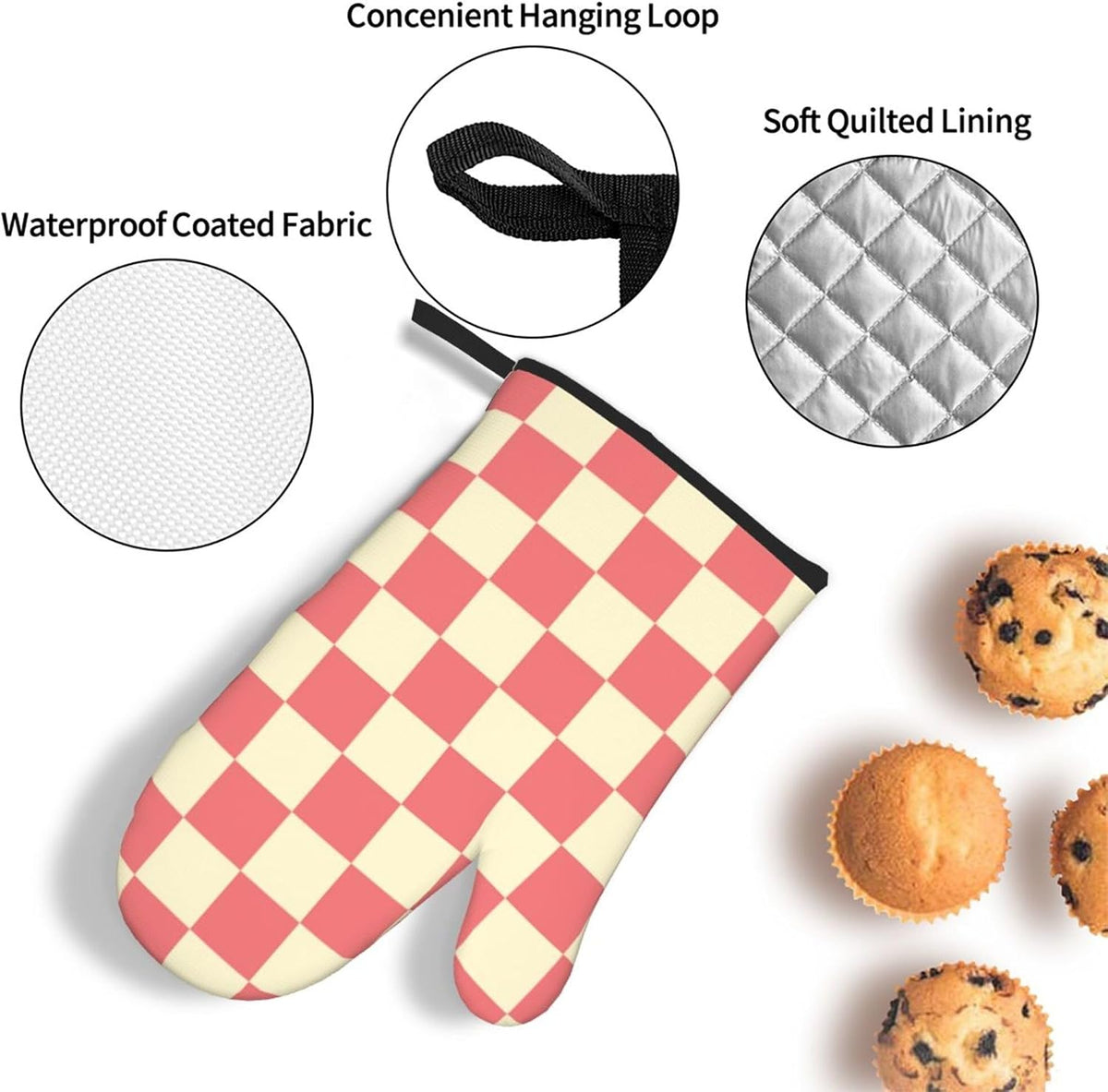 3PCS Oven Mitts and Pot Holders Sets, Pink and Beige Checkered Oven Mitts Set Heat Resistant Kitchen Microwave Gloves Safe for Baking,Cooking, BBQ