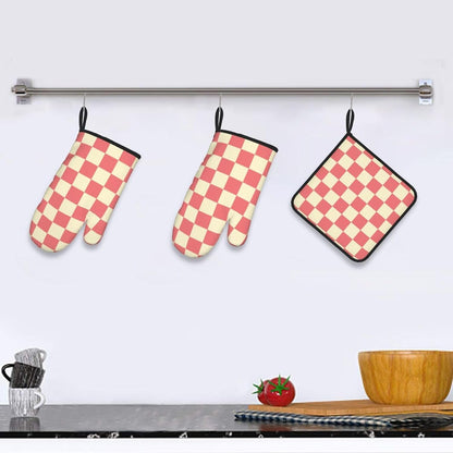 3PCS Oven Mitts and Pot Holders Sets, Pink and Beige Checkered Oven Mitts Set Heat Resistant Kitchen Microwave Gloves Safe for Baking,Cooking, BBQ