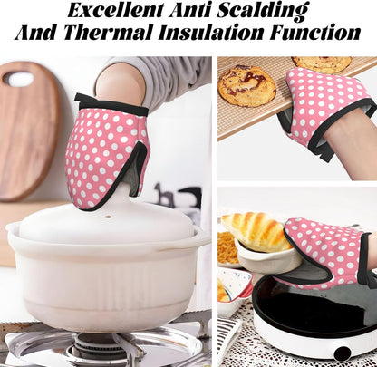 Light Pink Polka Dot Print (a) Oven Mitts, Mini Silicone Oven Mitts Heat Resistant, Cute Pot Holders for Kitchen Cooking & Baking Gloves