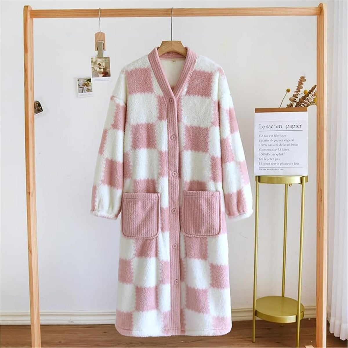 Robe Women Plush Fleece Robe, Soft Textured Bathrobe Lady Cozy Spa Long Robes Checkered Sleepwear