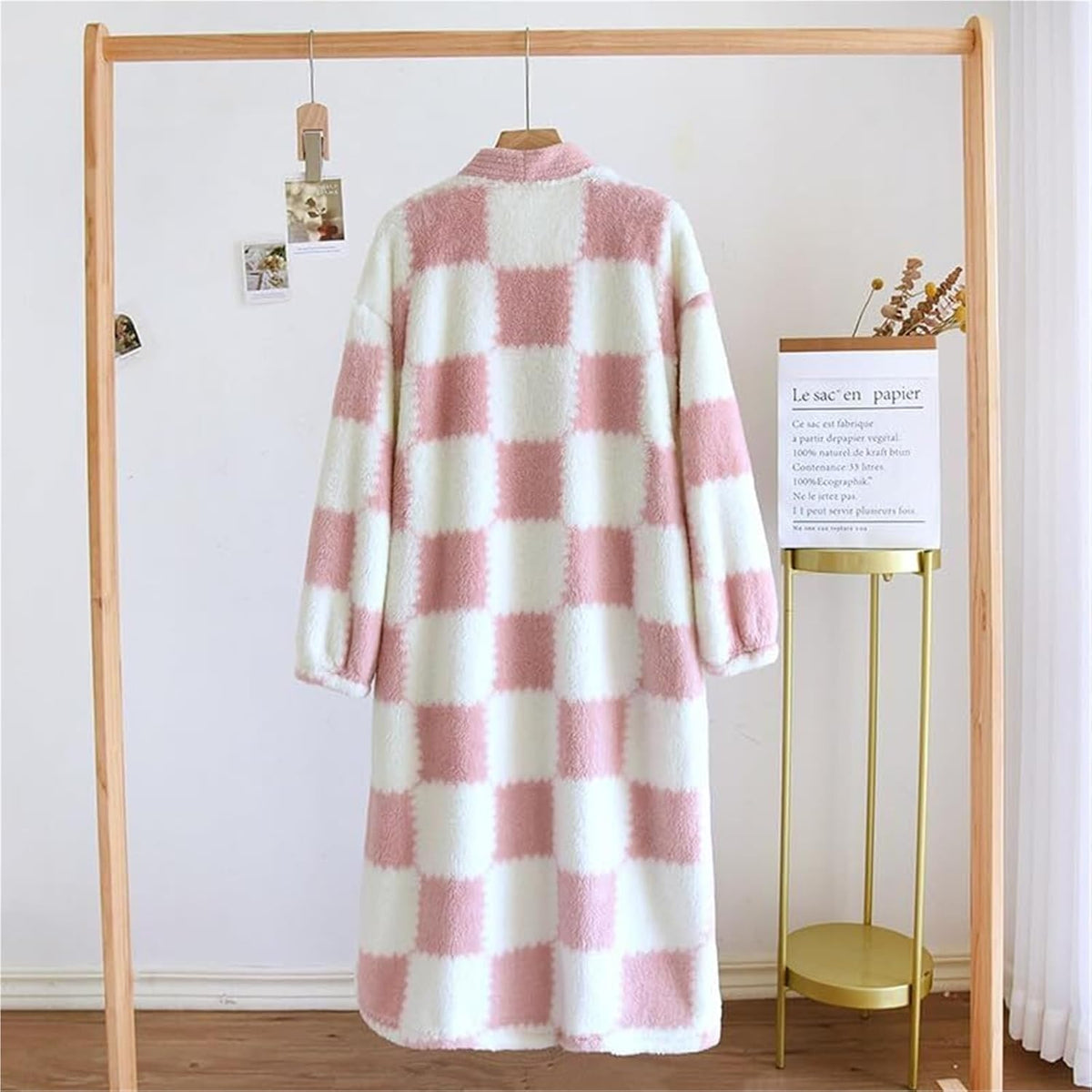 Robe Women Plush Fleece Robe, Soft Textured Bathrobe Lady Cozy Spa Long Robes Checkered Sleepwear
