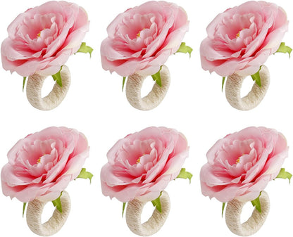 Handicraft Rose Flower Napkin Rings Set of 6,Hemp Rope Napkin Holder Rings Table Decorations for Wedding, Valentine's, Banquet, Christmas, Birthday, Thanksgiving