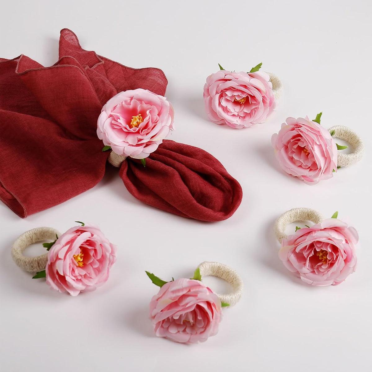 Handicraft Rose Flower Napkin Rings Set of 6,Hemp Rope Napkin Holder Rings Table Decorations for Wedding, Valentine's, Banquet, Christmas, Birthday, Thanksgiving