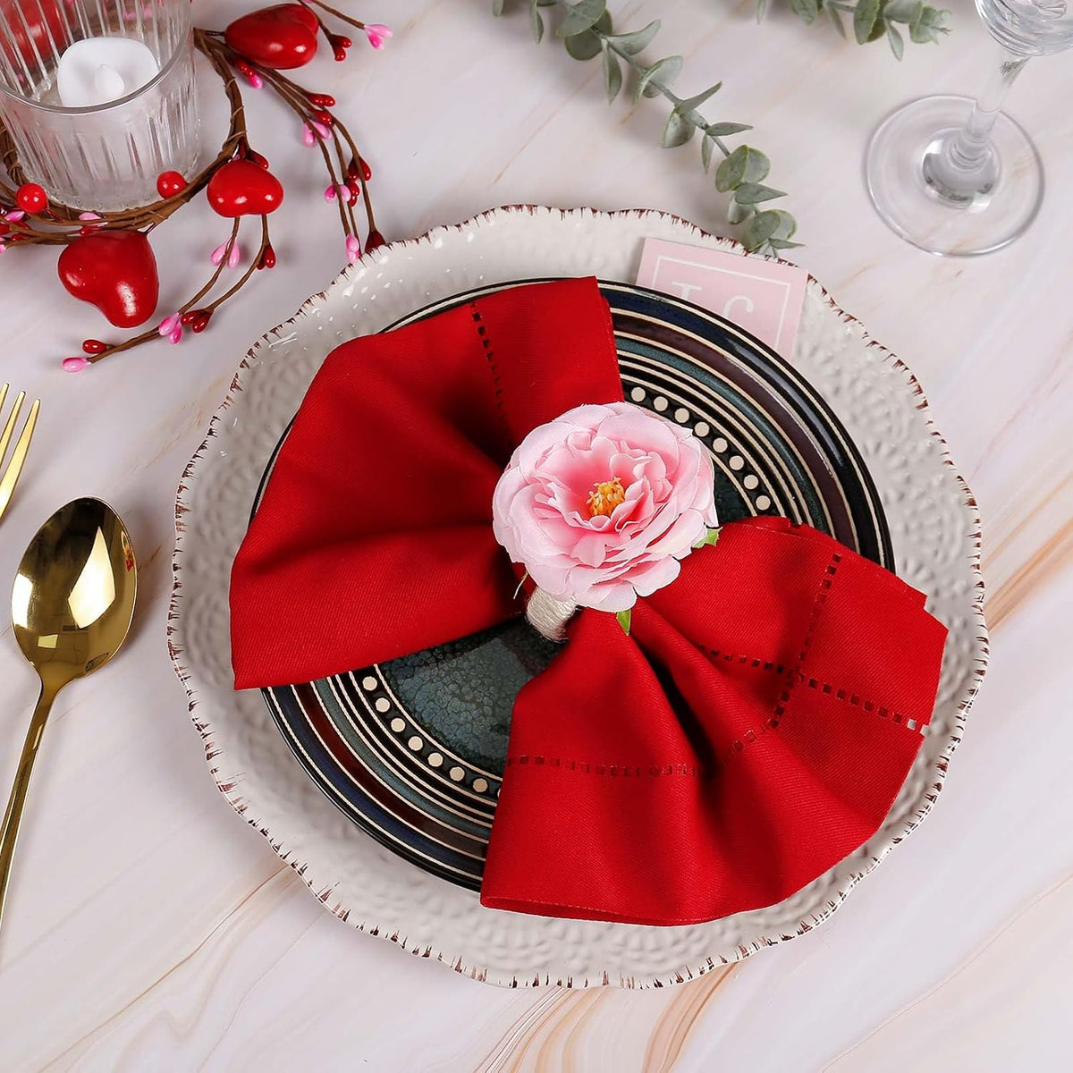 Handicraft Rose Flower Napkin Rings Set of 6,Hemp Rope Napkin Holder Rings Table Decorations for Wedding, Valentine's, Banquet, Christmas, Birthday, Thanksgiving
