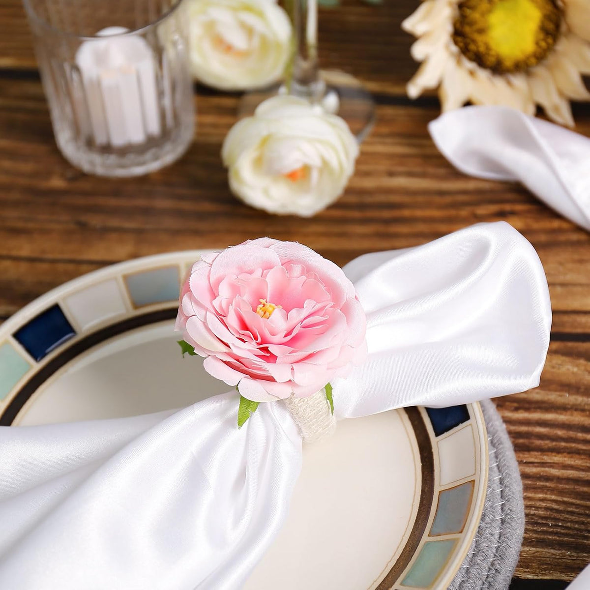 Handicraft Rose Flower Napkin Rings Set of 6,Hemp Rope Napkin Holder Rings Table Decorations for Wedding, Valentine's, Banquet, Christmas, Birthday, Thanksgiving