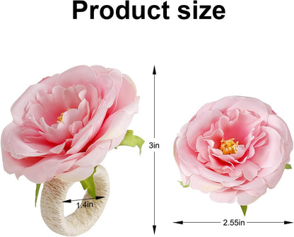 Handicraft Rose Flower Napkin Rings Set of 6,Hemp Rope Napkin Holder Rings Table Decorations for Wedding, Valentine's, Banquet, Christmas, Birthday, Thanksgiving