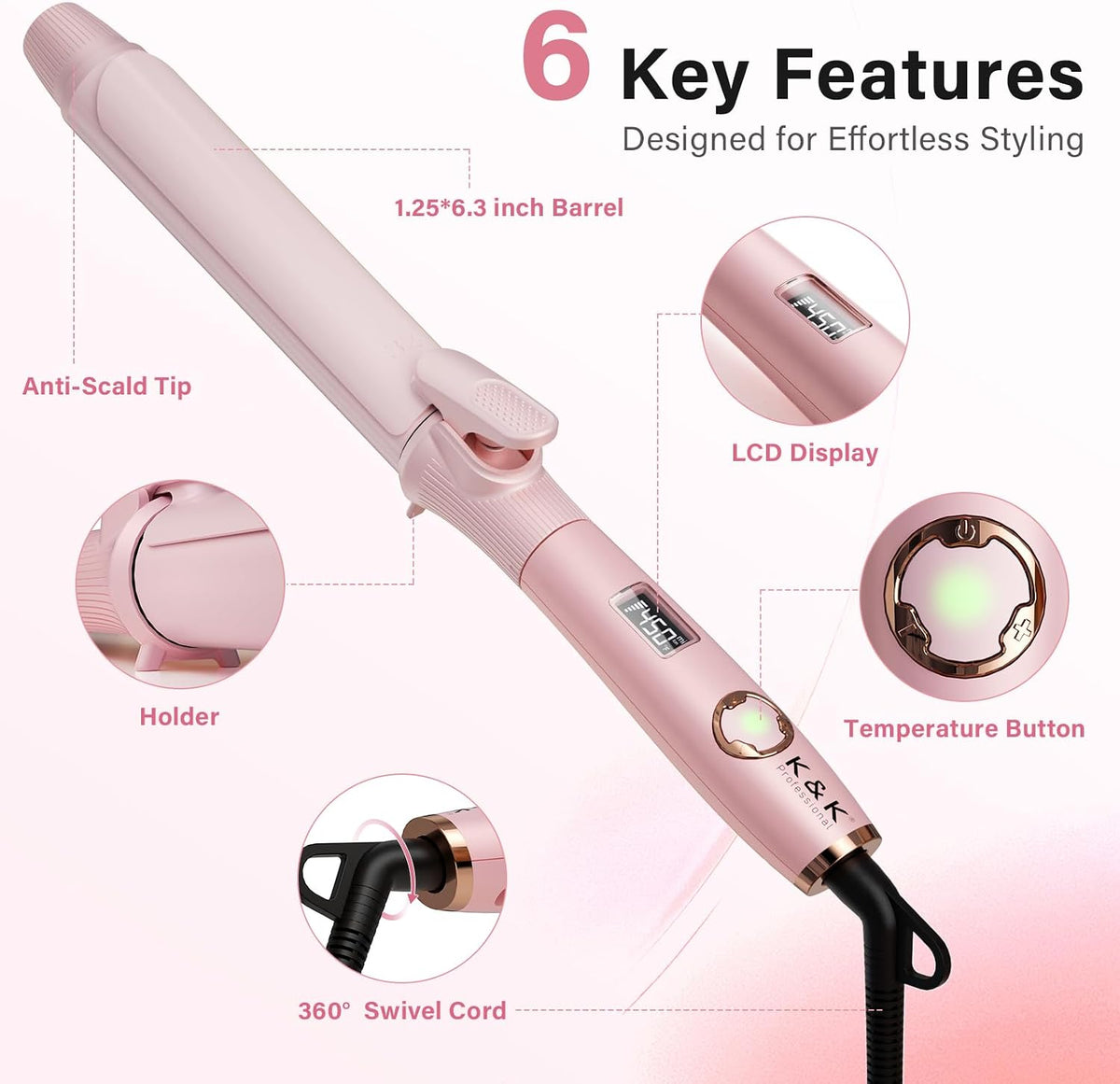 1.25 Inch Curling Iron with Clip, Ceramic Hair Curler, Dual Voltage