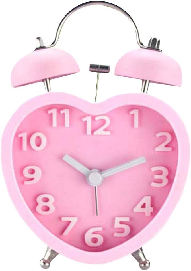 Students Seniors 3in Twin Bell Loud Alarm Clock Silent Analog Quartz Nightlight Clock Battery Operated for Heavy Sleepers Heart Shape Pink