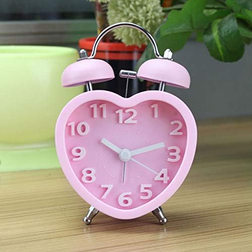 Students Seniors 3in Twin Bell Loud Alarm Clock Silent Analog Quartz Nightlight Clock Battery Operated for Heavy Sleepers Heart Shape Pink