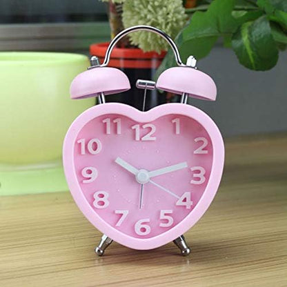 Students Seniors 3in Twin Bell Loud Alarm Clock Silent Analog Quartz Nightlight Clock Battery Operated for Heavy Sleepers Heart Shape Pink