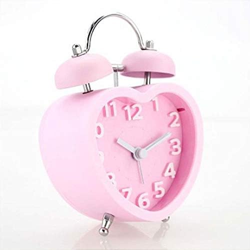Students Seniors 3in Twin Bell Loud Alarm Clock Silent Analog Quartz Nightlight Clock Battery Operated for Heavy Sleepers Heart Shape Pink
