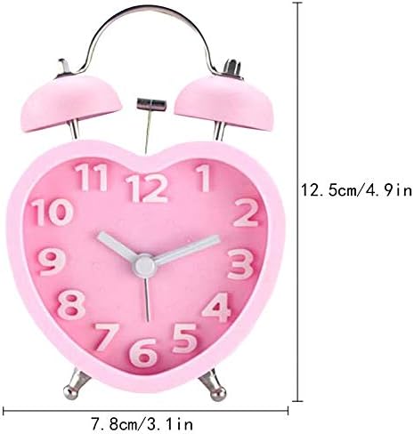 Students Seniors 3in Twin Bell Loud Alarm Clock Silent Analog Quartz Nightlight Clock Battery Operated for Heavy Sleepers Heart Shape Pink