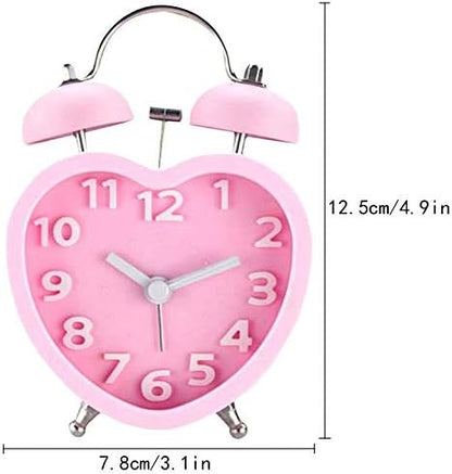 Students Seniors 3in Twin Bell Loud Alarm Clock Silent Analog Quartz Nightlight Clock Battery Operated for Heavy Sleepers Heart Shape Pink