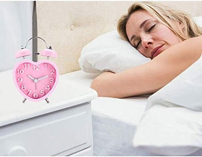 Students Seniors 3in Twin Bell Loud Alarm Clock Silent Analog Quartz Nightlight Clock Battery Operated for Heavy Sleepers Heart Shape Pink