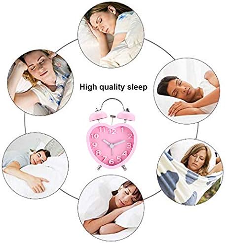 Students Seniors 3in Twin Bell Loud Alarm Clock Silent Analog Quartz Nightlight Clock Battery Operated for Heavy Sleepers Heart Shape Pink