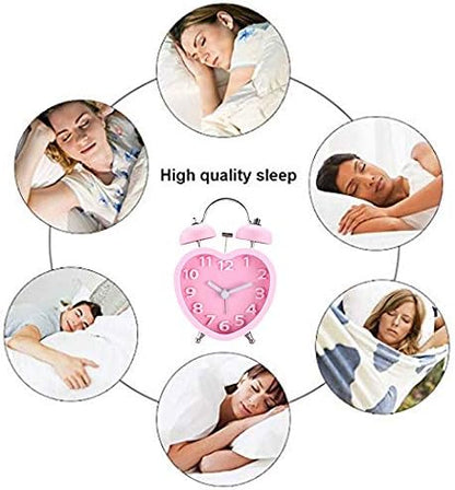 Students Seniors 3in Twin Bell Loud Alarm Clock Silent Analog Quartz Nightlight Clock Battery Operated for Heavy Sleepers Heart Shape Pink