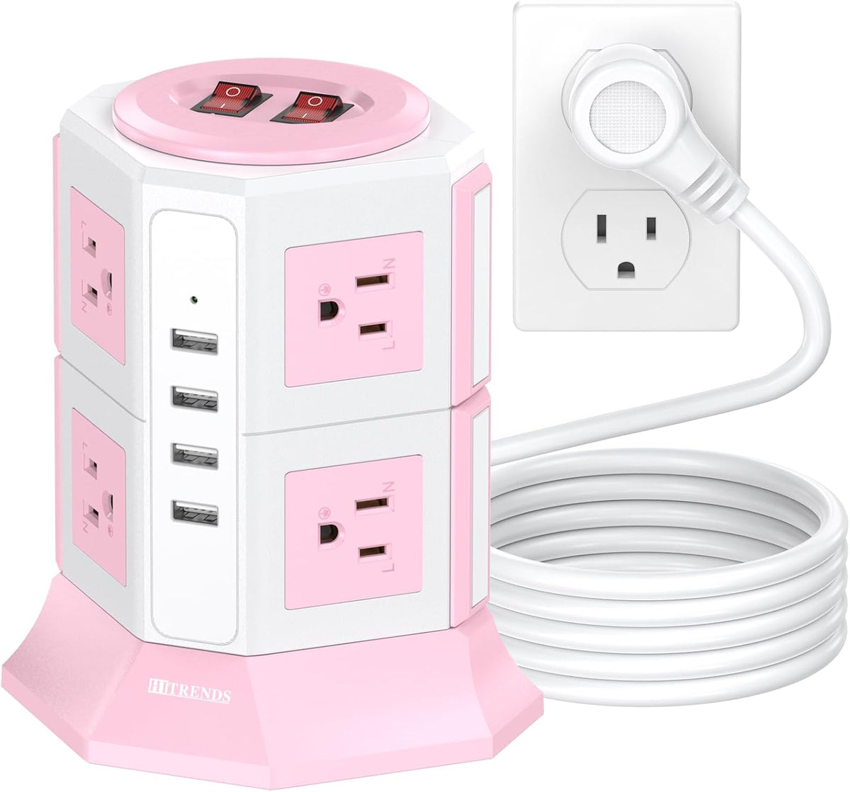 Pink Tower Power Strip with Overload Protection | 8 AC Outlets + 4 USB Ports | 16AWG/ 6.5Ft Extension Cord with Multiple Outlets | Space-Saving Design for Office & Home(1250W, 1050J)