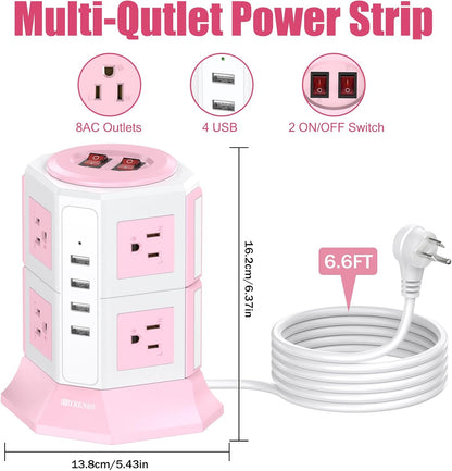 Pink Tower Power Strip with Overload Protection | 8 AC Outlets + 4 USB Ports | 16AWG/ 6.5Ft Extension Cord with Multiple Outlets | Space-Saving Design for Office & Home(1250W, 1050J)