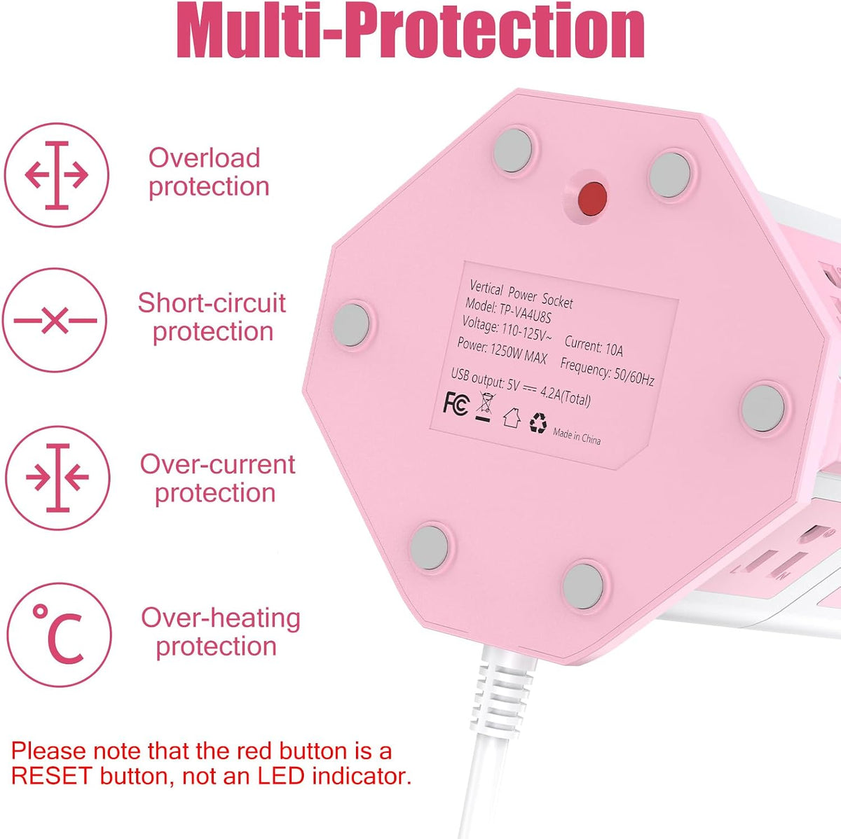 Pink Tower Power Strip with Overload Protection | 8 AC Outlets + 4 USB Ports | 16AWG/ 6.5Ft Extension Cord with Multiple Outlets | Space-Saving Design for Office & Home(1250W, 1050J)