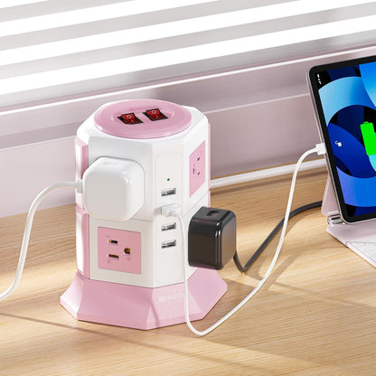 Pink Tower Power Strip with Overload Protection | 8 AC Outlets + 4 USB Ports | 16AWG/ 6.5Ft Extension Cord with Multiple Outlets | Space-Saving Design for Office & Home(1250W, 1050J)