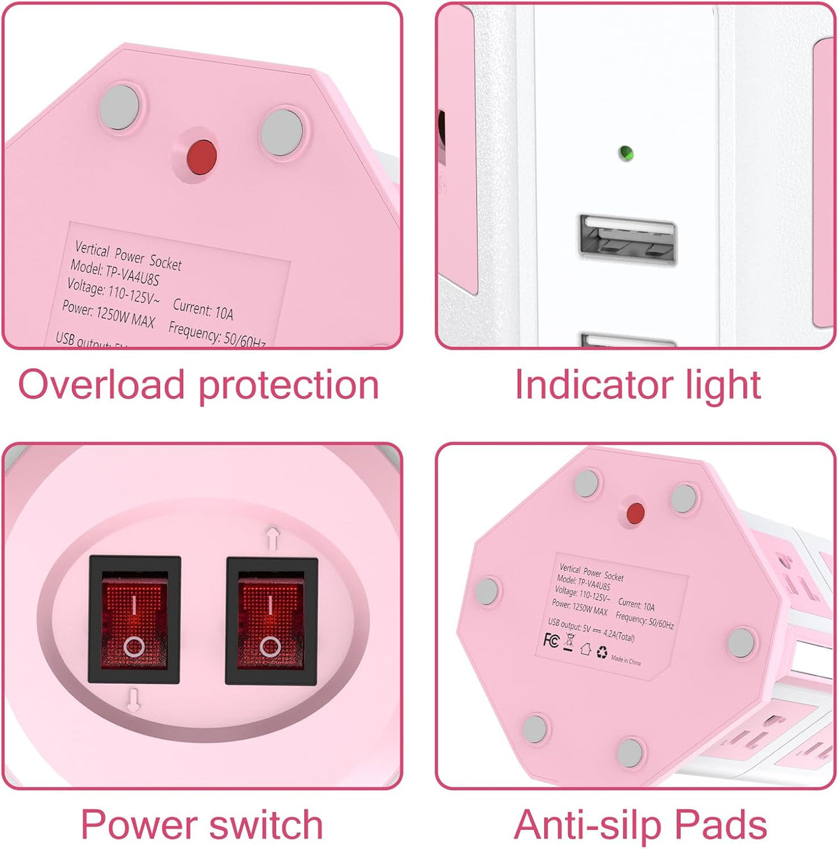 Pink Tower Power Strip with Overload Protection | 8 AC Outlets + 4 USB Ports | 16AWG/ 6.5Ft Extension Cord with Multiple Outlets | Space-Saving Design for Office & Home(1250W, 1050J)