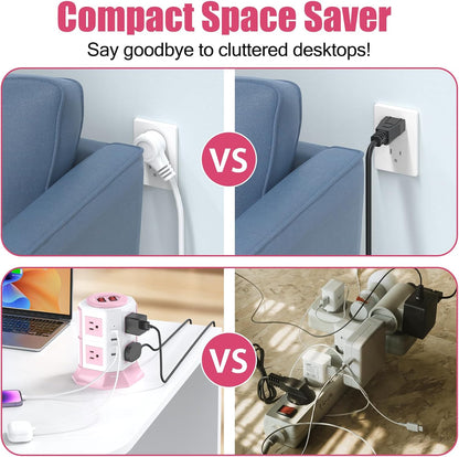 Pink Tower Power Strip with Overload Protection | 8 AC Outlets + 4 USB Ports | 16AWG/ 6.5Ft Extension Cord with Multiple Outlets | Space-Saving Design for Office & Home(1250W, 1050J)