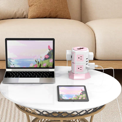 Pink Tower Power Strip with Overload Protection | 8 AC Outlets + 4 USB Ports | 16AWG/ 6.5Ft Extension Cord with Multiple Outlets | Space-Saving Design for Office & Home(1250W, 1050J)