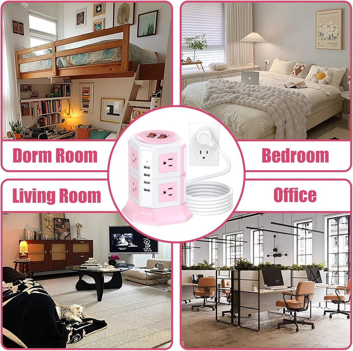 Pink Tower Power Strip with Overload Protection | 8 AC Outlets + 4 USB Ports | 16AWG/ 6.5Ft Extension Cord with Multiple Outlets | Space-Saving Design for Office & Home(1250W, 1050J)