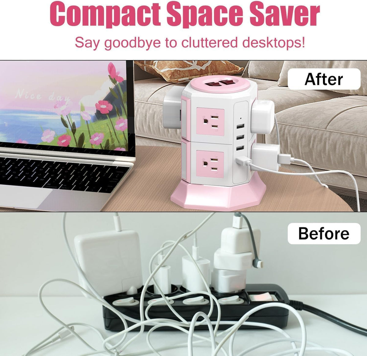 Pink Tower Power Strip with Overload Protection | 8 AC Outlets + 4 USB Ports | 16AWG/ 6.5Ft Extension Cord with Multiple Outlets | Space-Saving Design for Office & Home(1250W, 1050J)