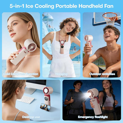 6000mAh Portable Handheld Fan with Ice Cooling, 199 Levels Stepless Speed, 20H Long Battery Life, 20000RPM Turbo Fan Rechargeable Personal Mini Fan for Travel, Outdoor, Makeup