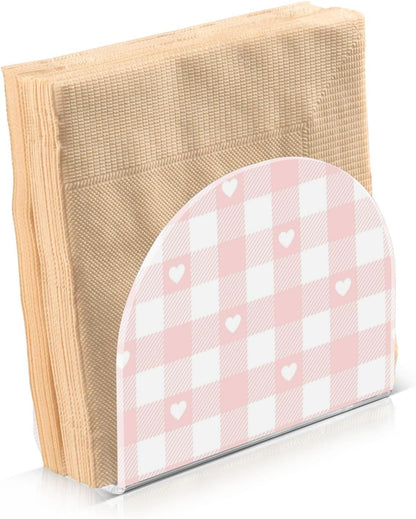 Peach Love Check Acrylic Square Napkin Holder for Outdoors, Dining Room freestanding Paper Towel Holder Spray Home Decor for Bathroom, Restaurant