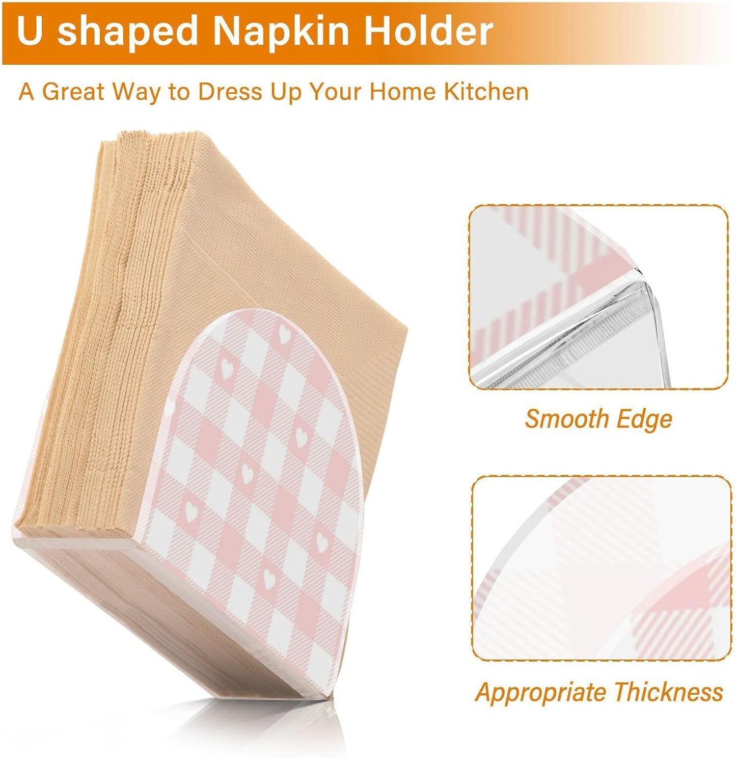 Peach Love Check Acrylic Square Napkin Holder for Outdoors, Dining Room freestanding Paper Towel Holder Spray Home Decor for Bathroom, Restaurant