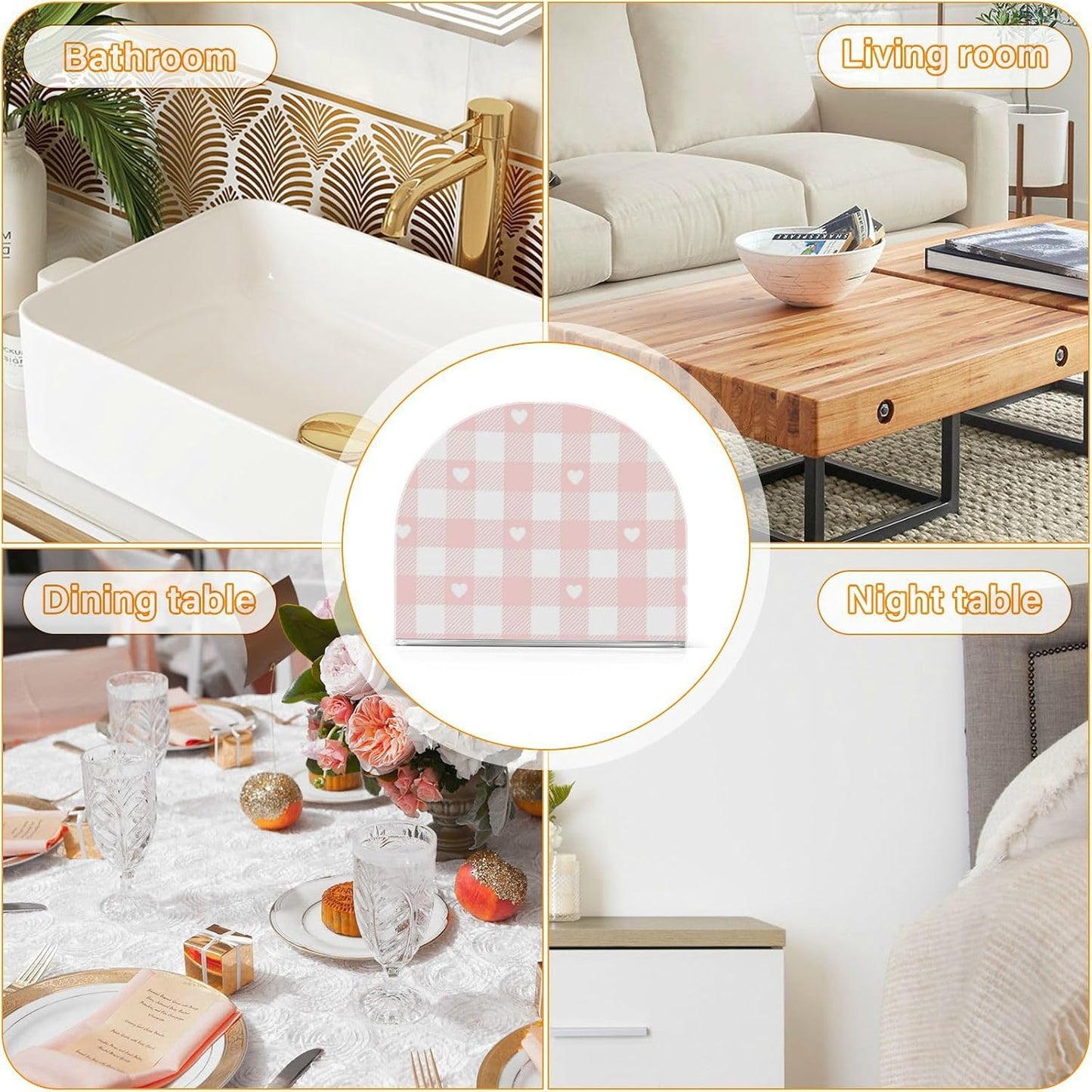 Peach Love Check Acrylic Square Napkin Holder for Outdoors, Dining Room freestanding Paper Towel Holder Spray Home Decor for Bathroom, Restaurant