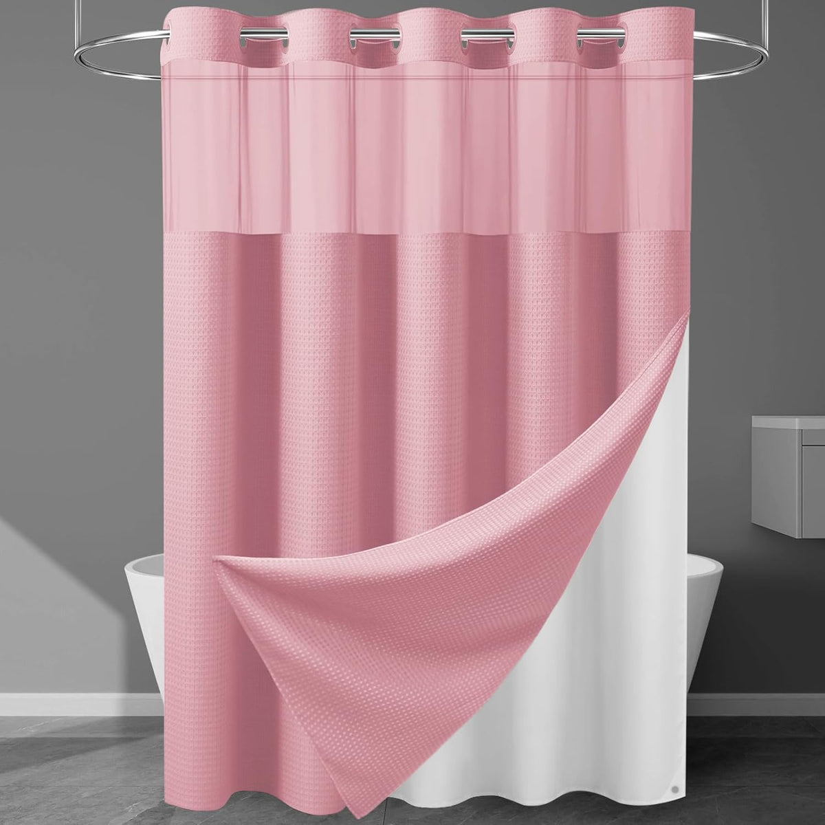 Heavyweight Waffle Ringless Shower Curtain with Liner, 71x74, Pink