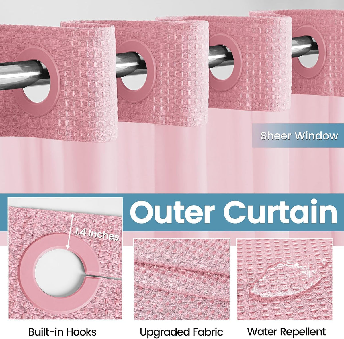Heavyweight Waffle Ringless Shower Curtain with Liner, 71x74, Pink