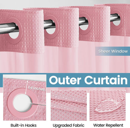 Heavyweight Waffle Ringless Shower Curtain with Liner, 71x74, Pink